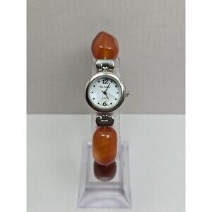 Gem Essence Womens Orange Carnelian Agate Bead Bracelet Quartz Watch New Battery